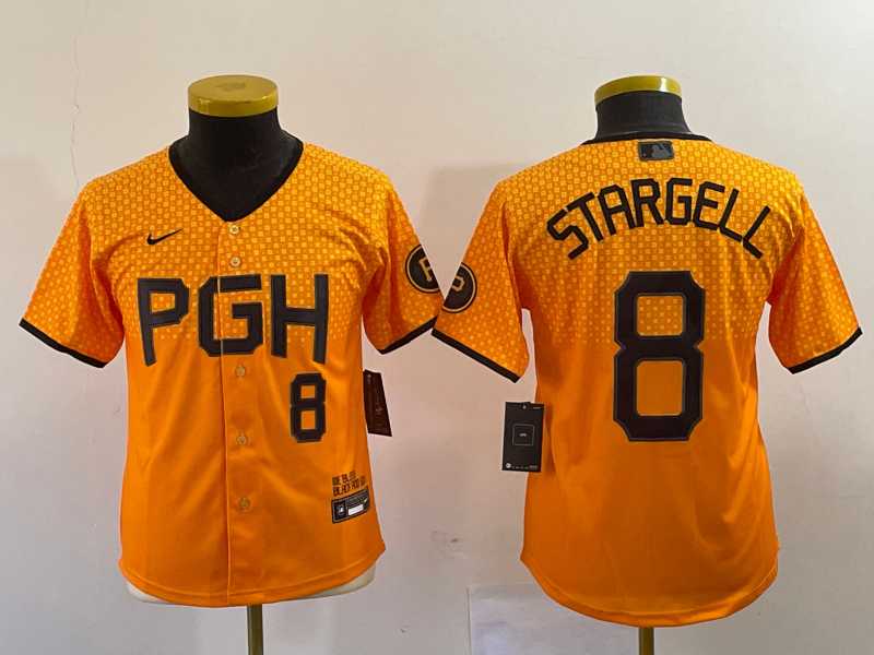 Youth Pittsburgh Pirates #8 Willie Stargell Number Yellow 2023 City Connect Stitched Jersey2->mlb youth jerseys->MLB Jersey